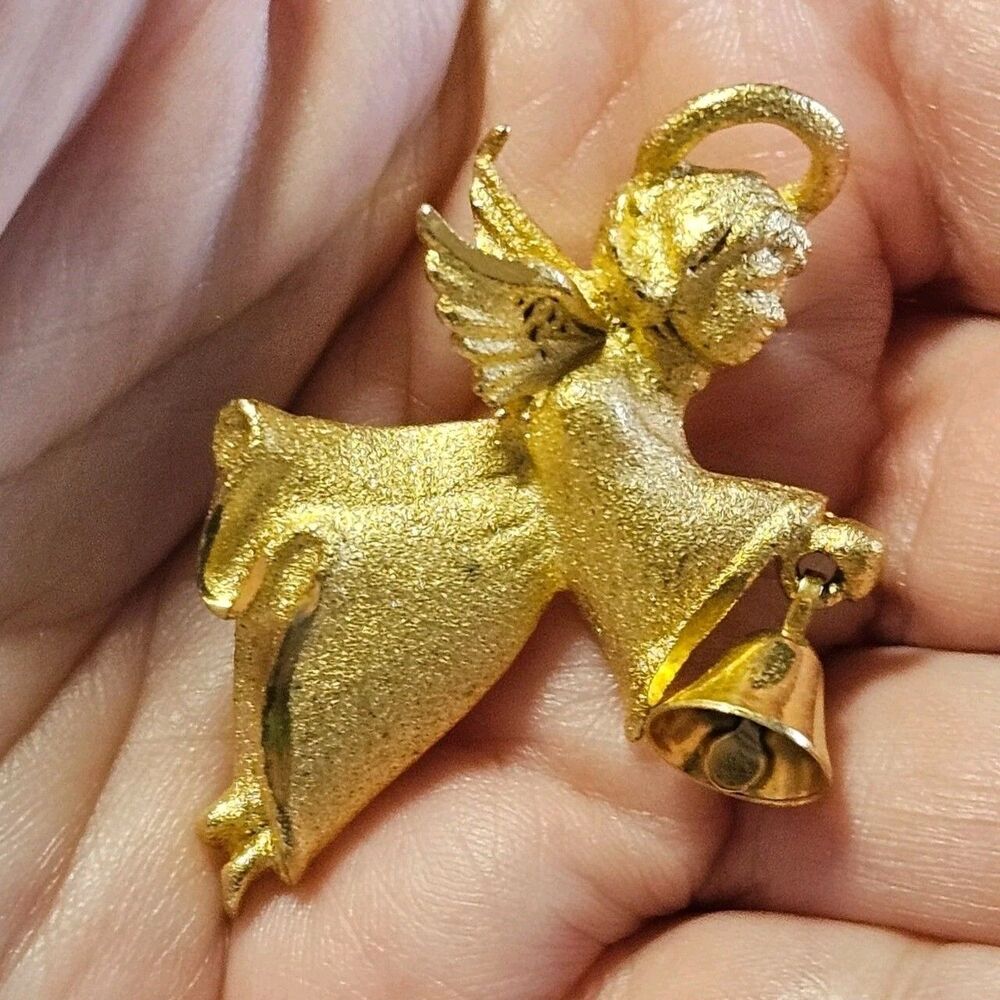 Avon Robyn Rush Gold Tone Angel With Bell Brooch Vintage Textured